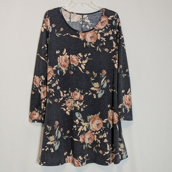 Gray & Pink Floral Fit & Flare Stretch Knit Long Sleeve Short Dress; Size L - Picture 1 of 3